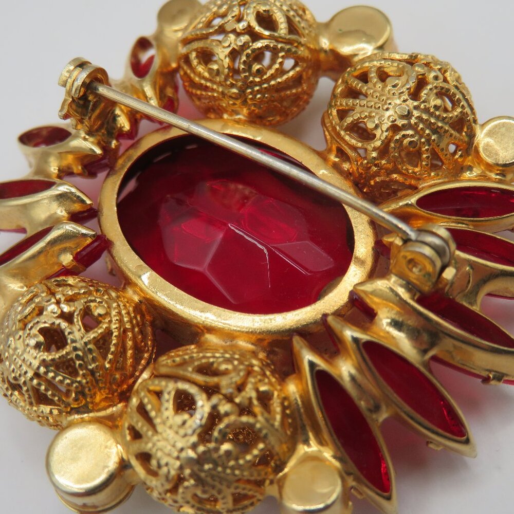 Juliana Red Rhinestone Gold Tone Filigree Brooch - Picture 7 of 8